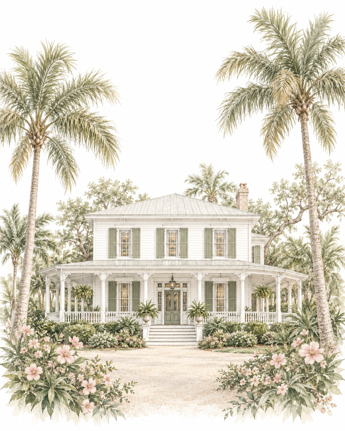Watercolor interpretation of an Old Florida house with a wraparound porch and palms